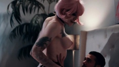 Pink Haired Shemale Lets Her Sad Stepbrother Fuck Her Ass