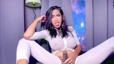 Sexy Shemale With Big Tits Jerking Her Huge Cock Off