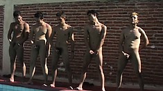 After all the butt slamming, they line up on the edge of the pool and jerk off