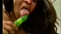 Two wonderful black lesbians eat out each other's wet pussies and share a sex toy