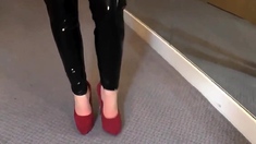 Sexy Latex Liquid Leggings with Red Stilettos Fetish