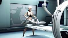 Female android plays with an alien in the lab